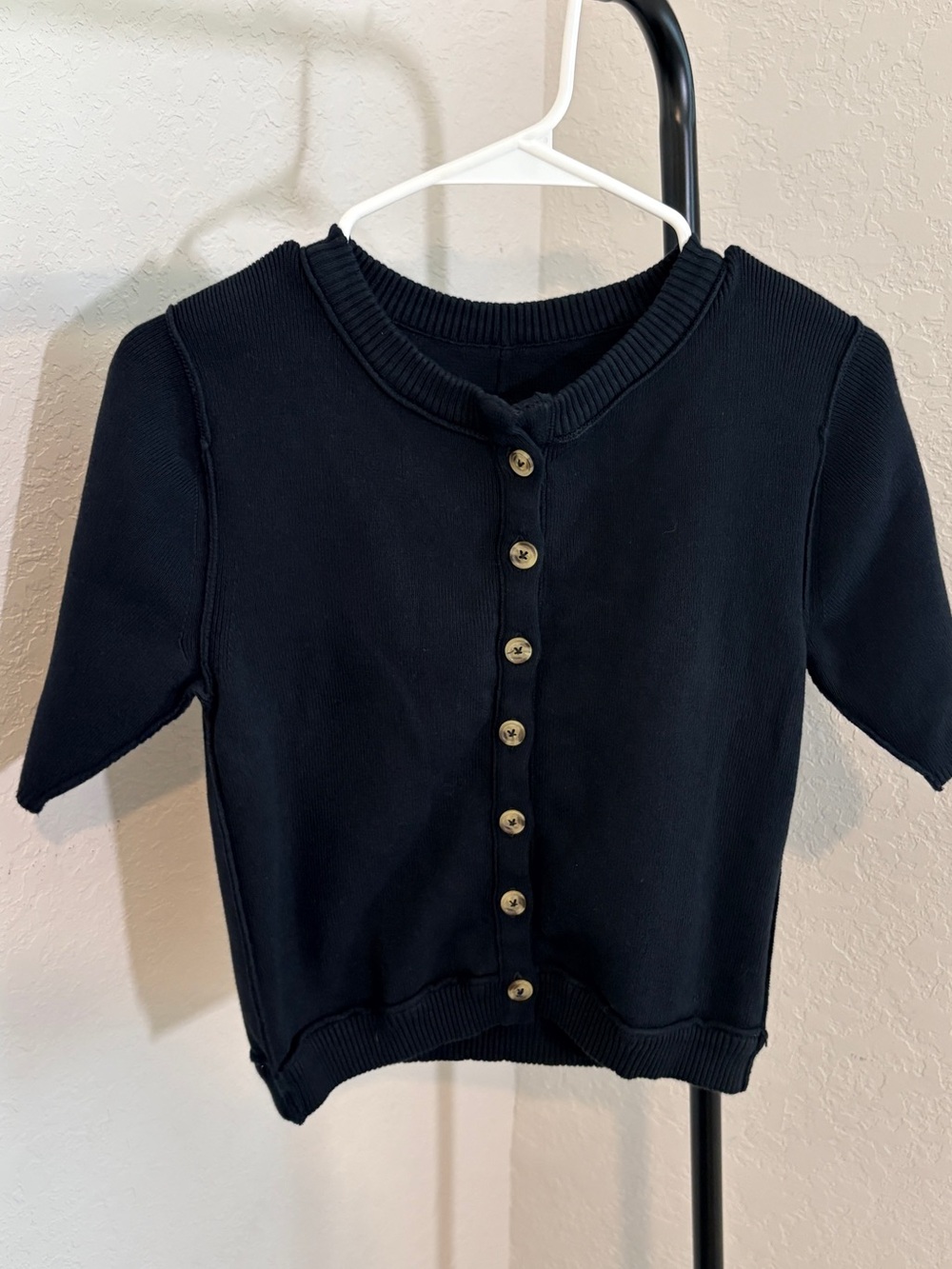 We The Free By Free People Black Ribbed Button-Front Short Sleeve Cardigan